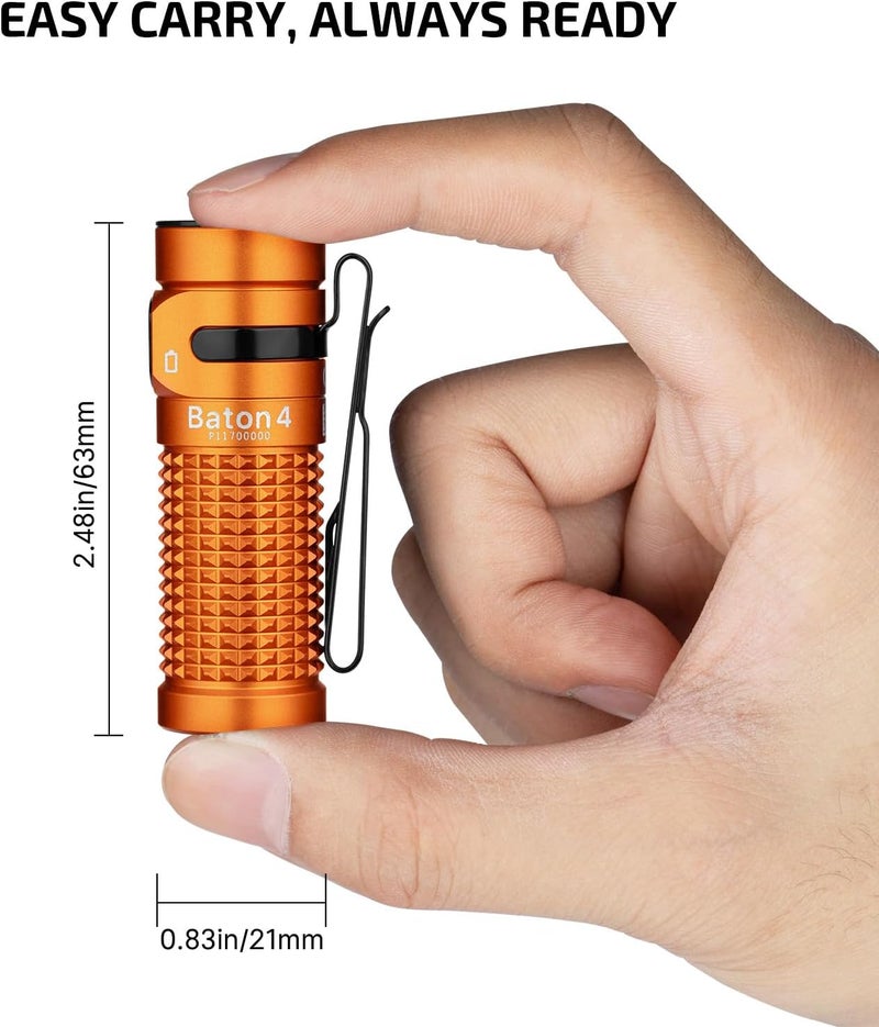 OLIGHT Baton4 Rechargeable EDC Flashlight, LED Pocket Light 1300 Lumens with Magnetic Charging Cable, 6 Modes, Powerful Bright IPX8 Waterproof for Home, Camping and Emergencies (Orange) - Image 4